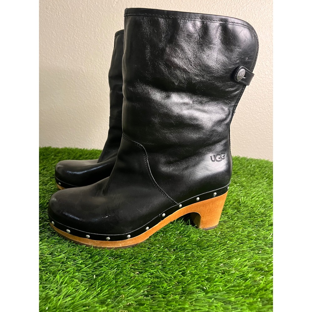 UGG Australia Lynnea Black Leather Fur Lined Studded Clog Boots Womens 8